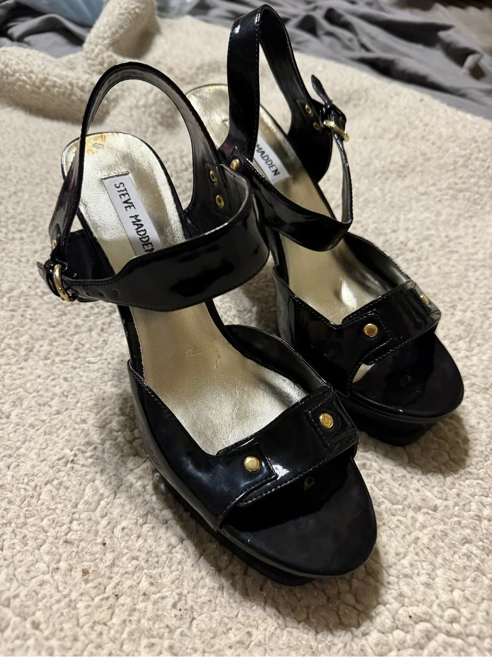 Steve Madden Black Patent Platform Slingback Sandals with Gold Accents